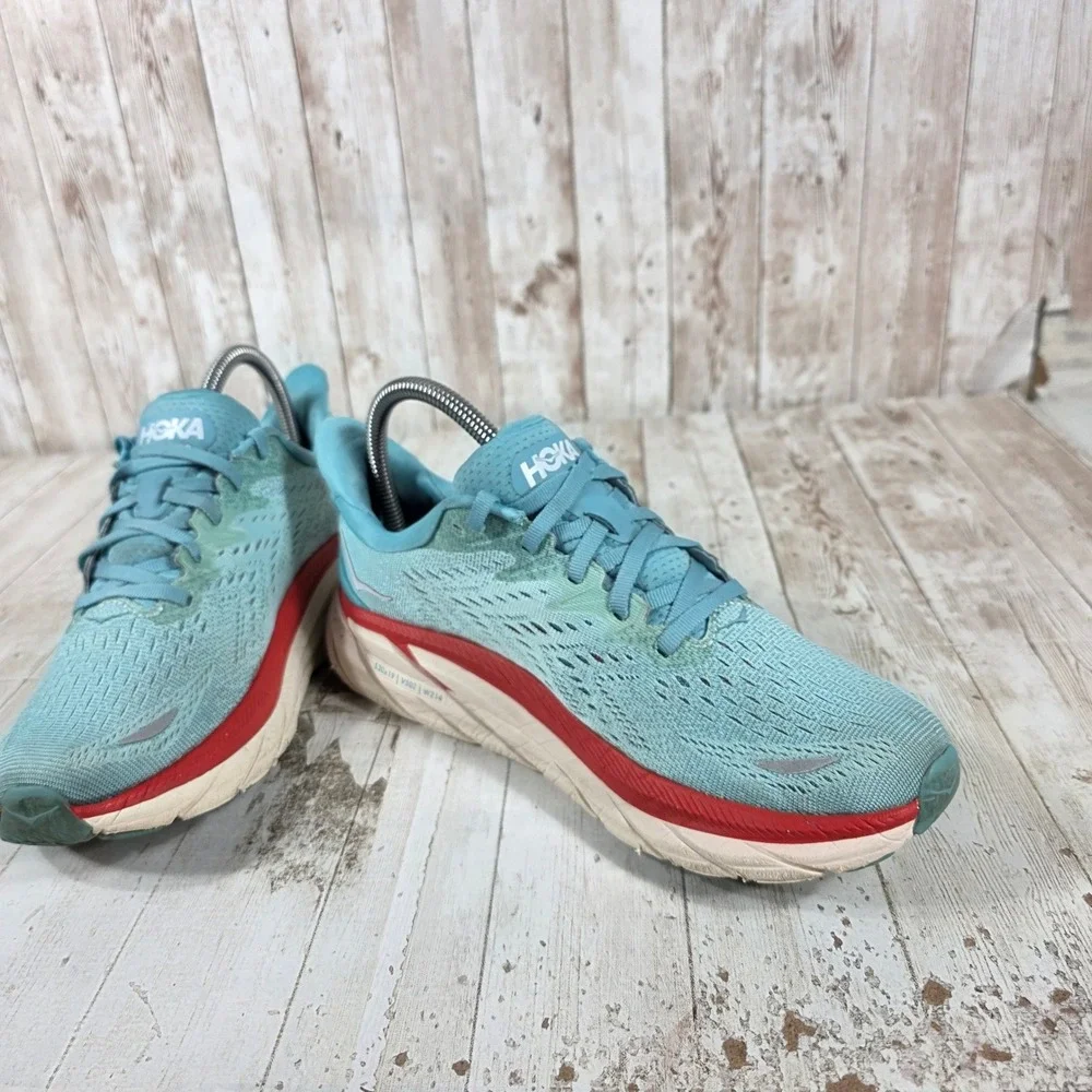 Hoka Clifton 8 Womens 7B Running Shoes Aegean Blue Red 1119394 AEBL